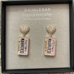 Just Married Pavé & Imitation Pearl Heart & License Plate Drop Earrings